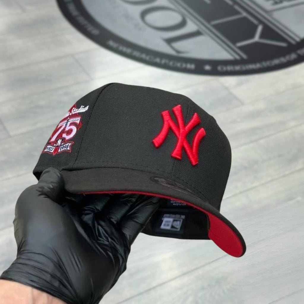 New Era New York Yankees Black Red 9FORTY Adjustable Cap – 75th Yankee Stadium Anniversary Side Patch Hat