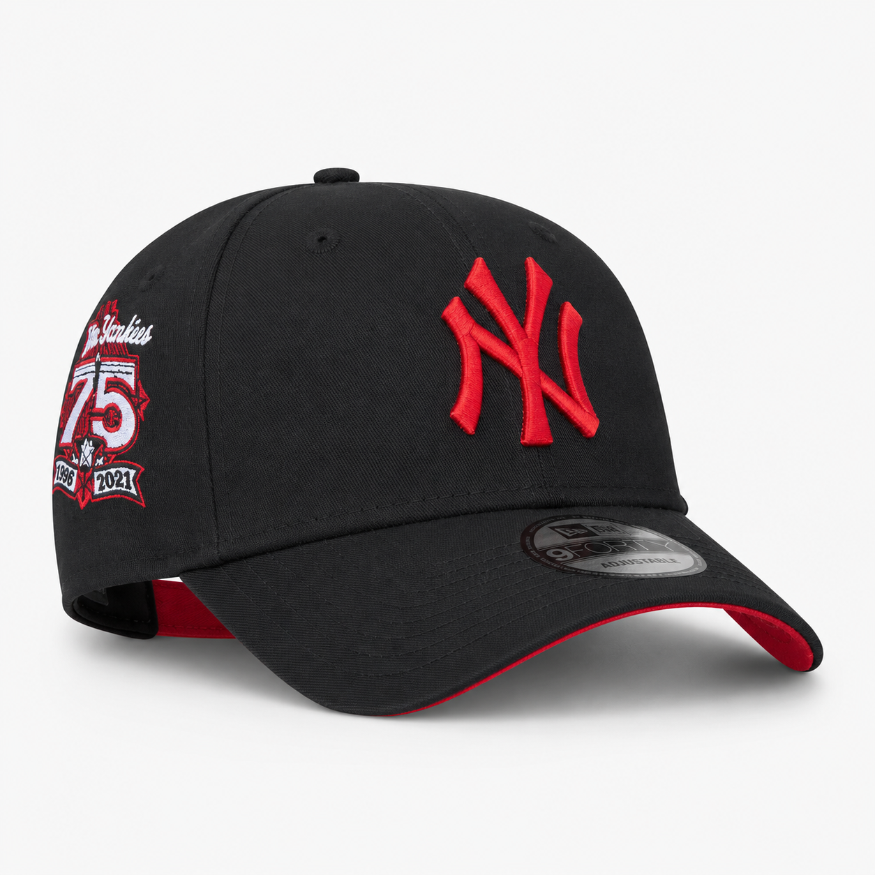New Era New York Yankees Black Red 9FORTY Adjustable Cap – 75th Yankee Stadium Anniversary Side Patch Hat