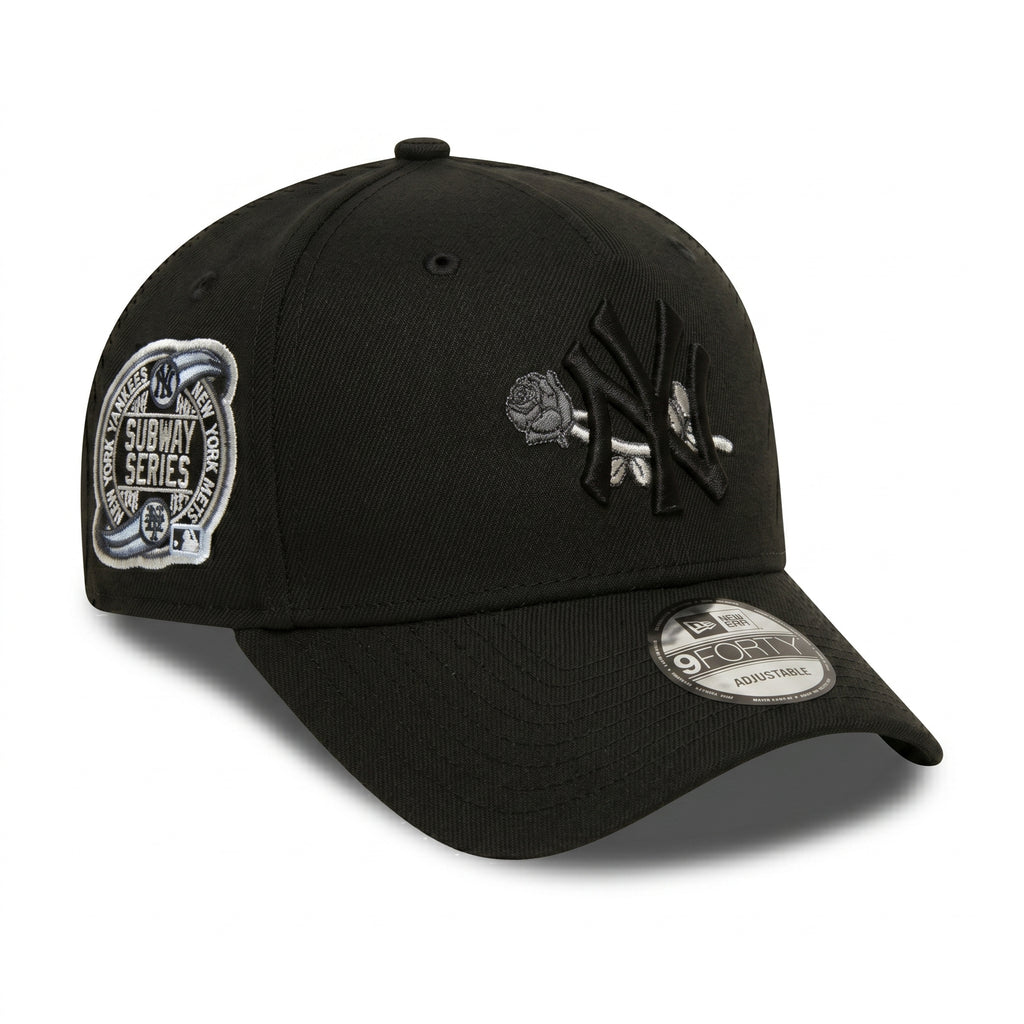 New Era New York Yankees Black 9FORTY Adjustable Cap – Floral Logo Embroidery – 25th Subway Series Side Patch Edition