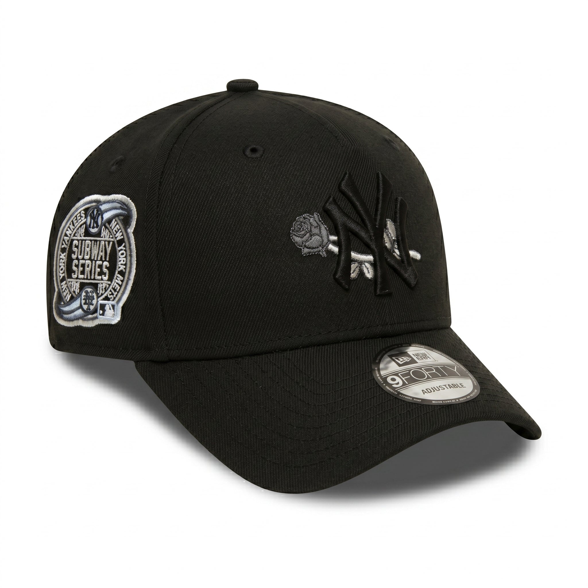 New Era New York Yankees Black 9FORTY Adjustable Cap – Floral Logo Embroidery – 25th Subway Series Side Patch Edition
